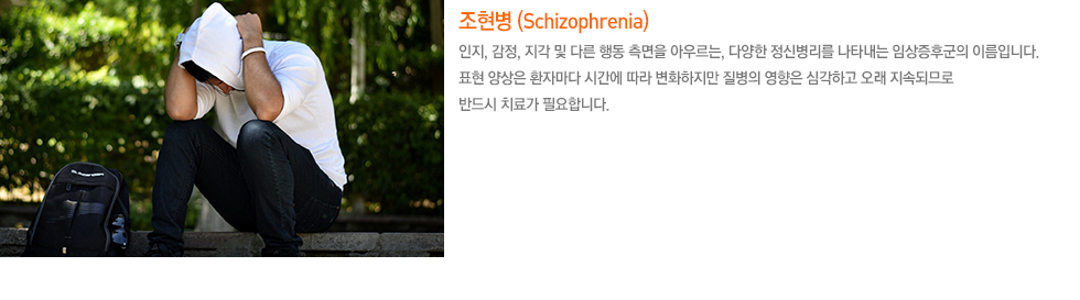 조현병 (Schizophrenia) 인지, 감정, 지각 및 다른 행동 측면을 아우르는, 다양한 정신병리를 나타내는 임상증후군의 이름입니다. 표현 양상은 환자마다 시간에 따라 변화하지만 질병의 영향은 심각하고 오래 지속되므로 반드시 치료가 필요합니다.