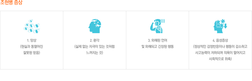 조현병 증상 1. 망상 (현실과 동떨어진 잘못된 믿음) 2. 환각 (실제 없는 자극이 있는 것처럼 느껴지는 것) 3. 와해된 언어 및 와해되고 긴장된 행동 4. 음성증상 (정상적인 감정반응이나 행동이 감소하고 사고능력이 저하되며 의욕이 떨어지고 사회적으로 위축)